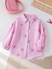 SHEIN LMoss Kids LMoss 女婴时尚可爱条纹长袖衬衫，非常适合度假 - 粉色 - 查看 5