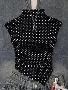 SHEIN Áo croptop ôm sát họa tiết chấm bi chất dệt kim cho bé gái tuổi teen, gấu nhún bất đối xứng, tay ngắn phong cách casual chic, phù hợp mùa xuân/hè, đi học, phối đồ mẹ và bé - màu đen - Xem 2