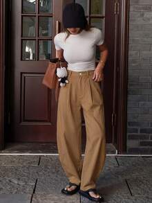 DAZY Women's Loose Solid Color Harem Pants With Pockets, Casual For Spring & Summer - Brown - View 4