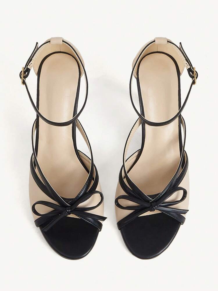 CUCCOO CHICEST Women Shoes Black And White Contrasting Temperament Bow Decorative Round Head High Heel Sandals