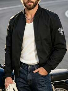 Manfinity Homme Chaqueta casual con cremallera y estampado de letras para hombres - Negro - Ver 1