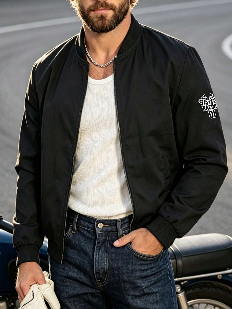 Manfinity Homme Chaqueta casual con cremallera y estampado de letras para hombres - Negro - Ver 1