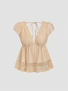 Sweetra Women's Sweet Elegant Floral Lace Patchwork Short Sleeve Blouse, Summer Vacation Beige - Apricot - View 1