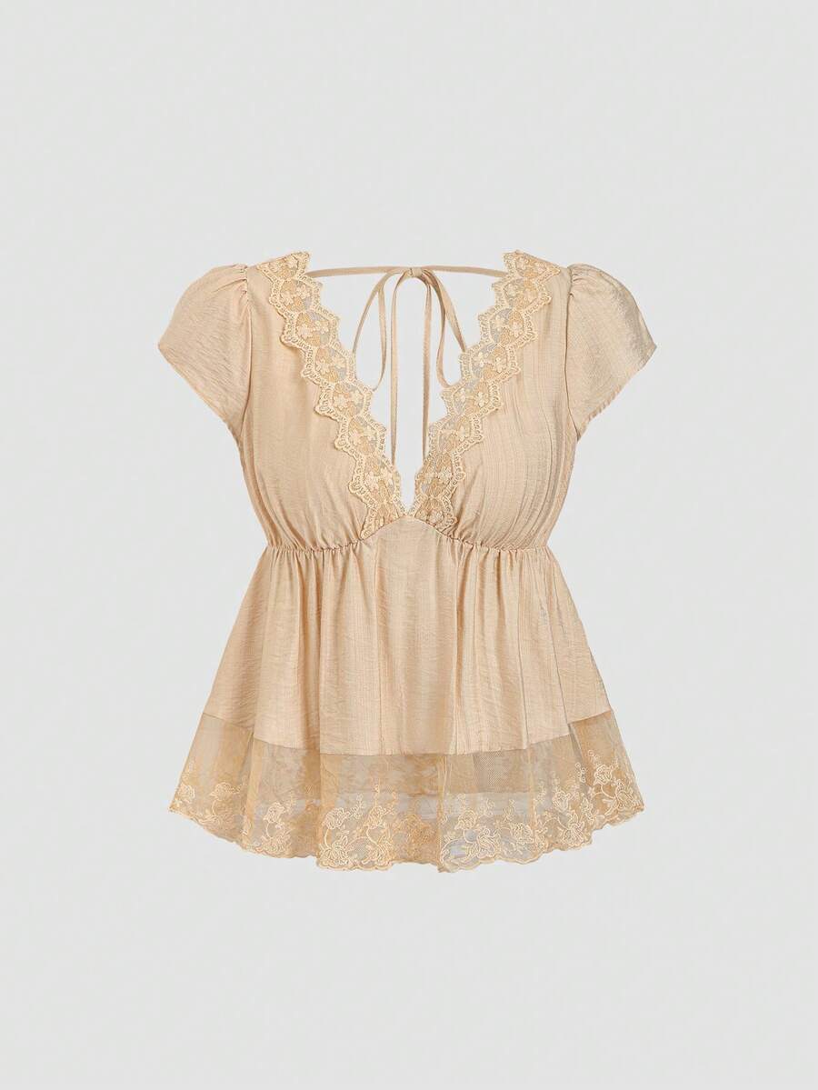 Sweetra Women's Sweet Elegant Floral Lace Patchwork Short Sleeve Blouse, Summer Vacation Beige - Apricot - View 1
