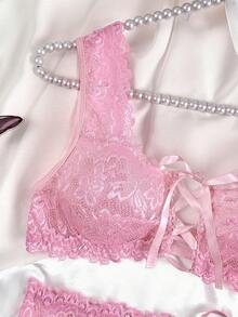 SHEIN 4pcs Lace Patchwork Tie-Up Sexy Mini Skirt & Stockings Lingerie Set - Pink - View 6