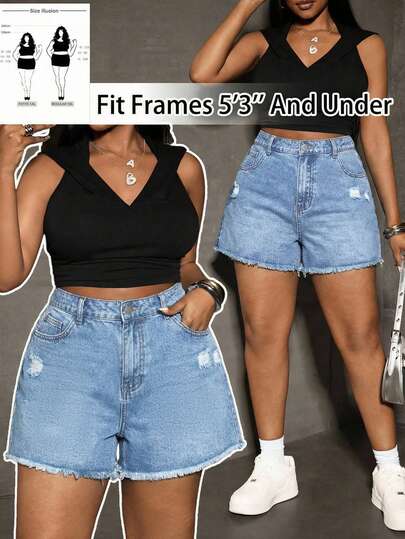 SHEIN PETITE CURVE Quần short denim rách màu xanh dương dành cho nữ cỡ lớn