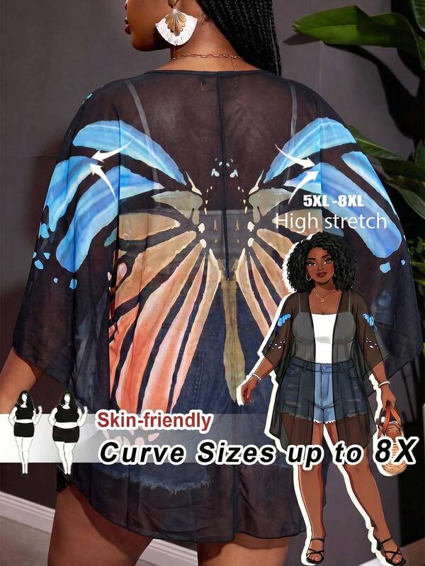 SHEIN CURVE+ Ukuran Curve US22 Festival Musik Liburan Pantai Bohemia Seksi Cardigan Kasual Bermotif Pakaian Pantai Country Hitam Musim Panas