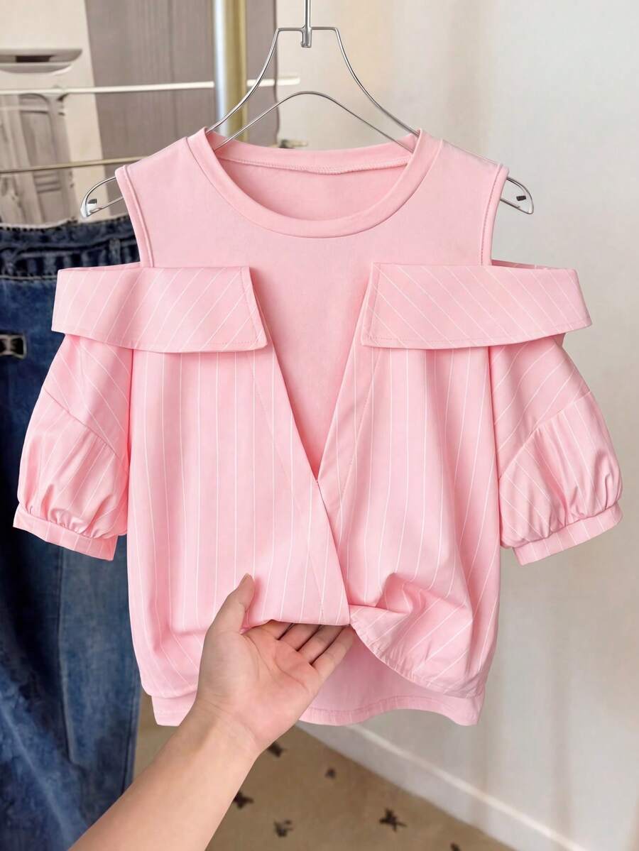 Áo sơ mi ngắn tay trễ vai kẻ sọc thời trang cho bé gái tuổi teen - Hồng - Xem 1