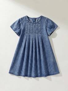 SHEIN LMoss Kids Young Girl Blue Denim Ruffle Hem Loose Dress - Dark Wash - View 2
