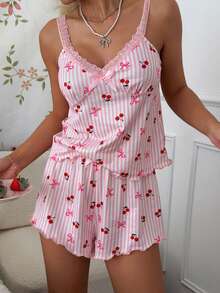CottageSlumber Cherry Bow Pattern Pink Striped Lace Camisole And Shorts Pajama Set - Pink - View 3
