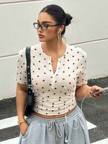 Dazy Plus Spring/Summer Fashion Tight Fitting Top, New Slim Fit Polka Dot Plus Size White Undershirt T-Shirt For Women Crop Top - Apricot - View 1
