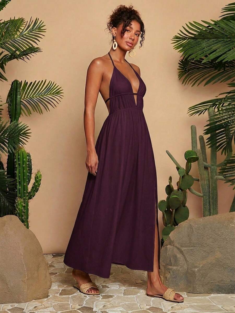 Travachic Vestido sin mangas de cuello en V de unicolor para mujer - Rojo violeta - Ver 1