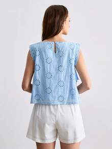 Willow Rêve 女款淺藍色刺繡百褶上衣，蕾絲飾邊無袖背心，綁帶袖口鏤空夏季上衣，優雅早午餐休閒度假穿搭，夏季 - 藍色 - 查看 2