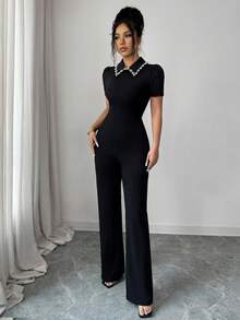 SHEIN Elenzya Bộ jumpsuit tay cánh hoa cổ ngọc trai đen, dáng suông ôm eo, thanh lịch, phù hợp cho cả công sở và phong cách tối giản thường ngày. - màu đen - Xem 5