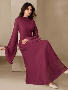 Graceveil Vestido largo elegante de mujer con diseño de manga con volantes de parche de gasa rosa - Burdeos - Ver 6