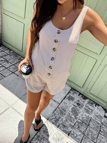SHEIN 孕妇条纹纽扣前袋休闲连体衣 - 卡其色 - 查看 8