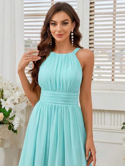 SHEIN Belle High Slit Waist Cinching Bridesmaid Dress With Halter