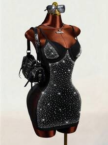Mistrie Summer Sexy Spaghetti Strap Black Dress With Rhinestone Embellishment, Bodycon Fit For Party, Stage And Festival Occasions - Black - View 5