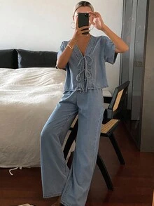 Dazy Tall 高个女式夏季短袖系带上衣和宽松阔腿牛仔裤度假套装 - 淺色水洗藍 - 查看 7