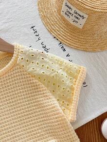 SHEIN LMoss Kids Young Girl Knit Patchwork Woven Hollow Out Raglan Sleeve Fitted T-Shirt - Mustard Yellow - View 4