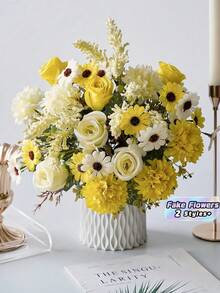 1/3 piezas Ramo de flores realistas de rosa de seda, margarita y diente de león para decoración de boda, hogar, fiesta, centro de mesa, decoración del hogar, regalo de flores artificiales - Amarillo - Ver 1