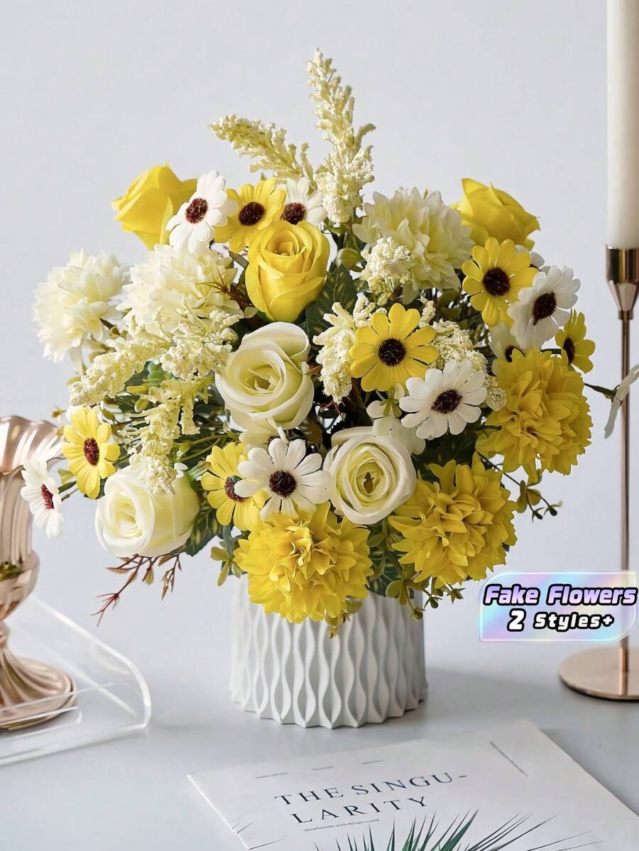 1/3 piezas Ramo de flores realistas de rosa de seda, margarita y diente de león para decoración de boda, hogar, fiesta, centro de mesa, decoración del hogar, regalo de flores artificiales - Amarillo - Ver 1