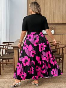 SHEIN CURVE+ Plus Size Floral Print Patchwork Casual Vacation Dress - Multicolor - View 3