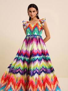 SURIMA Women's Spring/Summer Vacation Crochet Colorful Textured Print Square Neck Ruffle Strap Straight Print Dress - Multicolor - View 6