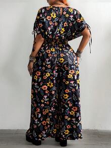 Whyspr Plus Size Women's Black Digital Floral Print Drawstring Shoulder Jumpsuits - Black - View 2