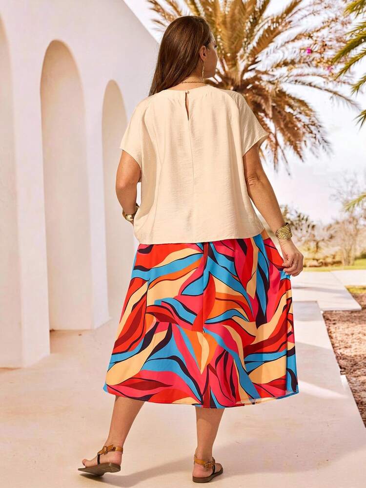 Plus Size Summer Vacation Solid Color Batwing Top And Allover Print Mini Skirt 2 Pieces Set Plus Size Women's Summer Outfits Skirts For Women With Top Plus Size Women Clothes Summer Clothes Zanzea For Women Plus Size Zanea For Woman