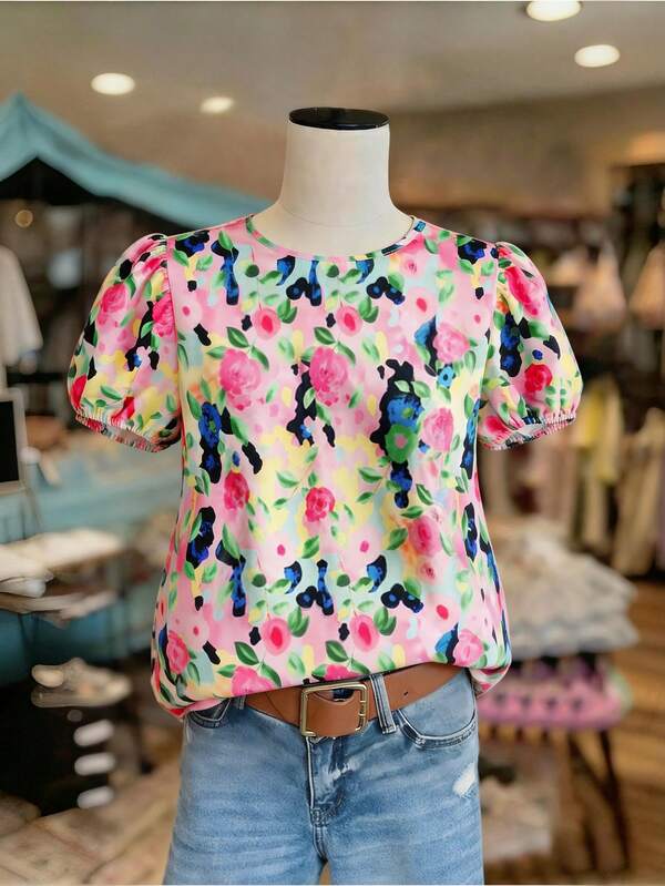 SHEIN Franclia 花卉印花装饰浪漫假日度假风女式圆领衬衫，花卉衬衫，荷叶边下摆衬衫，花卉泡泡袖衬衫，可爱女式短袖衬衫