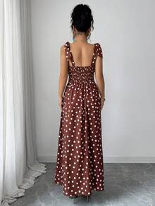 Rafferiza Đầm nữ thời trang thanh lịch, kiểu dáng dây mảnh, thắt nơ, xẻ tà, họa tiết chấm bi, thích hợp cho kỳ nghỉ, đi làm hoặc dạo phố. - màu nâu - Xem 2