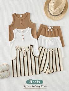 Cozy Pixies Bộ 6 món áo ba lỗ và quần short cho bé trai - màu nâu - Xem 1
