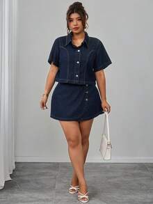 Elenzga 大码女式单排扣休闲百搭日常水洗牛仔外套 - 深色水洗藍 - 查看 1