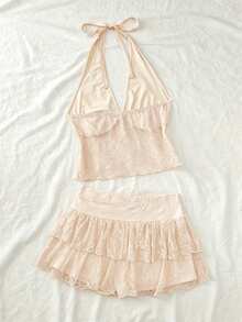 Roelina Women's Lace Sheer Splice Halter Neck Camisole And Shorts 2 Pieces Set Beach Vacation Orange Pink Summer Cute - Apricot - View 2