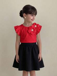 SHEIN Young Girl Floral 3D Decor Round Neck Elegant Ruffle Trim T-Shirt - Red - View 5