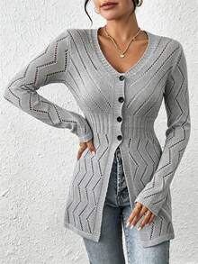 EMERY ROSE Cárdigan de punto fino con escote en V y calado, diseño coreano para mujer - Gris - Ver 7