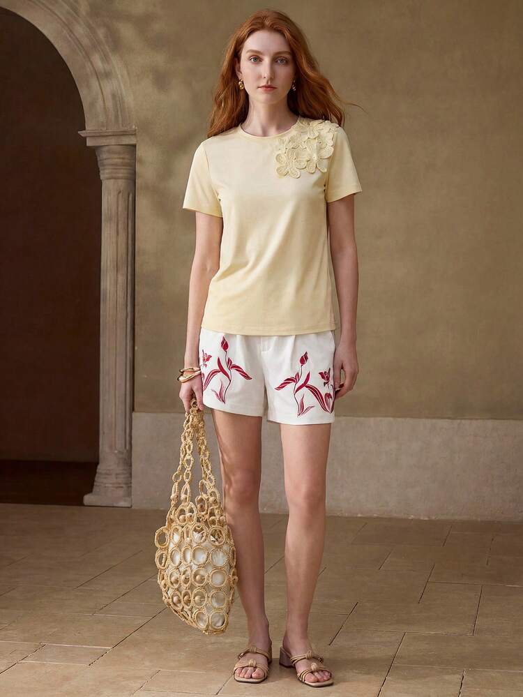 LINEN EMBROIDERY SLANT POCKET SHORTS