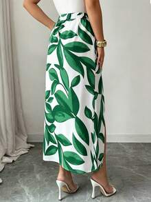Elenzga 女士树叶印花开衩下摆简约设计休闲半身裙 - 綠色 - 查看 2