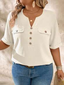 EMERY ROSE Plus Size Casual Notched Collar Wood Button Decor Short Sleeve Shirt - Apricot - View 3
