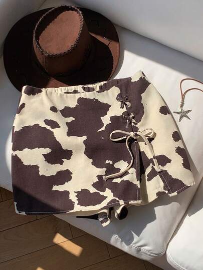 Comfortcana Shorts vaqueros con estampado de vaca y cruce de lazos para mujer