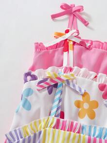 SHEIN Genkimix Kids 3件組女童連身褲，純色 + 多色條紋 + 花卉數位印花，適合夏季日常穿著 - 彩色 - 查看 6