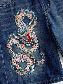 ROMWE MEN Street Life Men's Casual Denim Shorts With Pockets And Snake Pattern, Suitable For Daily Wear - Blue - View 4