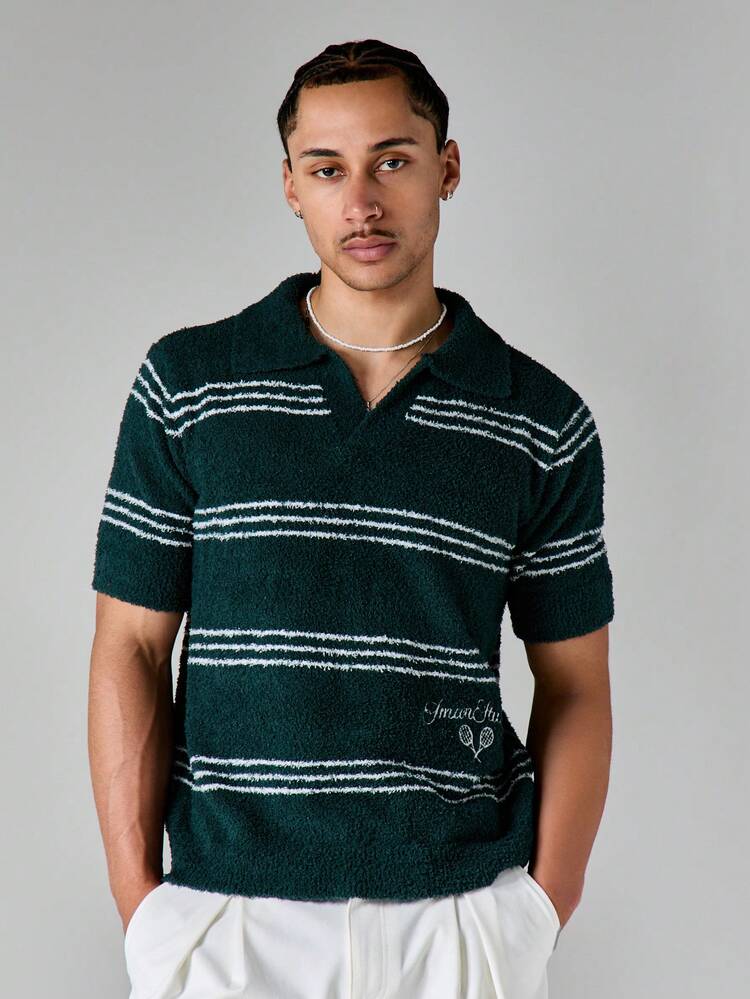 Boxy Fit gestreifter Bouclé-Polo-Strickpullover mit offenem Kragen und kurzen Ärmeln, Sommer Lässig