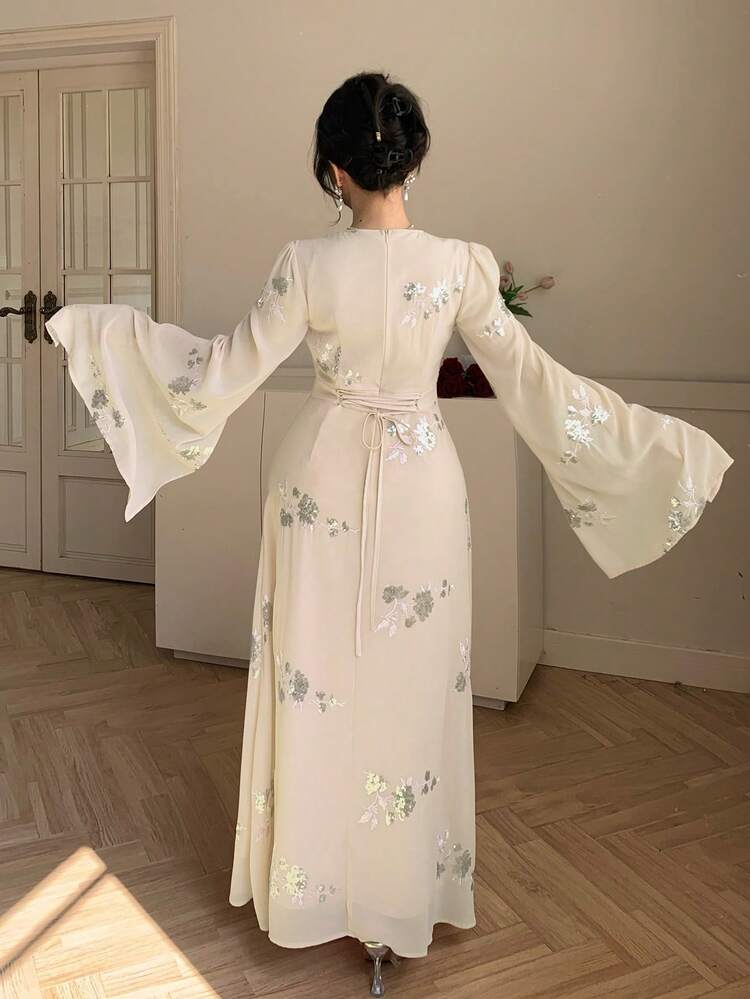 Women's Elegant Sequin Floral Pleated Tie-Waist Mid-Length Dress, Spring/Summer