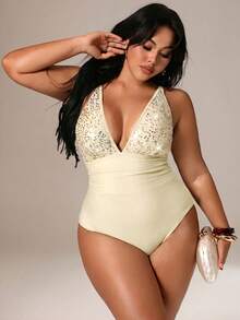 Auralis Plus Size Women's Sequin Detail Sexy One-Piece Swimsuit, Suitable For Pool And Beach - Apricot - View 7
