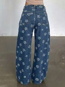 DAZY Jeans de uso diario versátil y casual con bolsillo y estampado floral para mujer - Azul lavado medio - Ver 2
