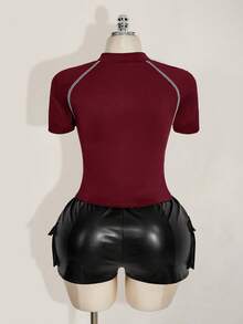SHEIN ICON Camiseta de manga corta con cremallera y calado en contraste para mujer de talla grande - Burdeos - Ver 2