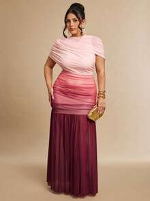 SHEIN BAE Đầm dự tiệc lưới ombre thanh lịch cỡ lớn - Bụi hồng - Xem 5