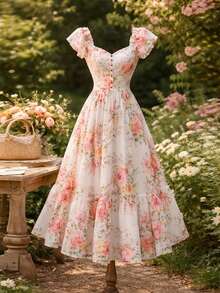 SHEIN Franclia 2026新款粉色碎花连衣裙，短袖方领伞裙，收腰设计，百搭沙滩度假休闲通勤女装 - 彩色 - 查看 4